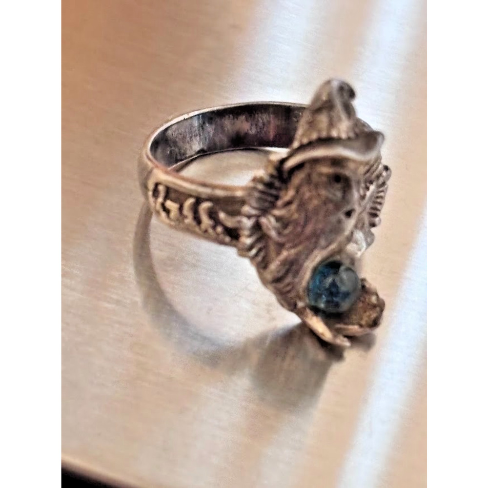 Vintage Sterling Silver Runic Wizard Ring Custom Blue Topaz Fantasy Goth Sz 6.5 - Picture 6 of 8